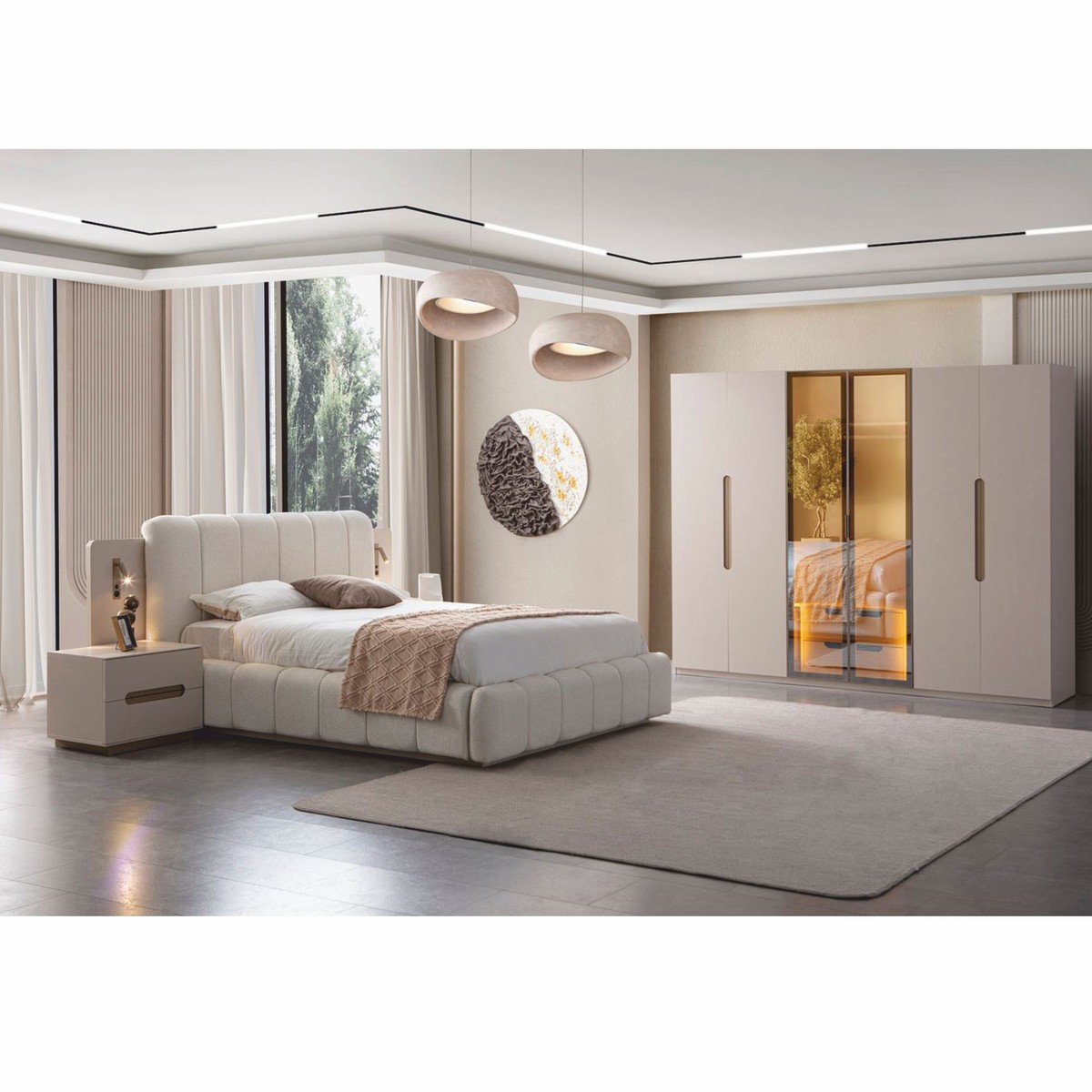 Juego de dormitorio de lujo Casa Padrino blanco / gris - 1 cama doble y 2 mesitas de noche - Imagen 6