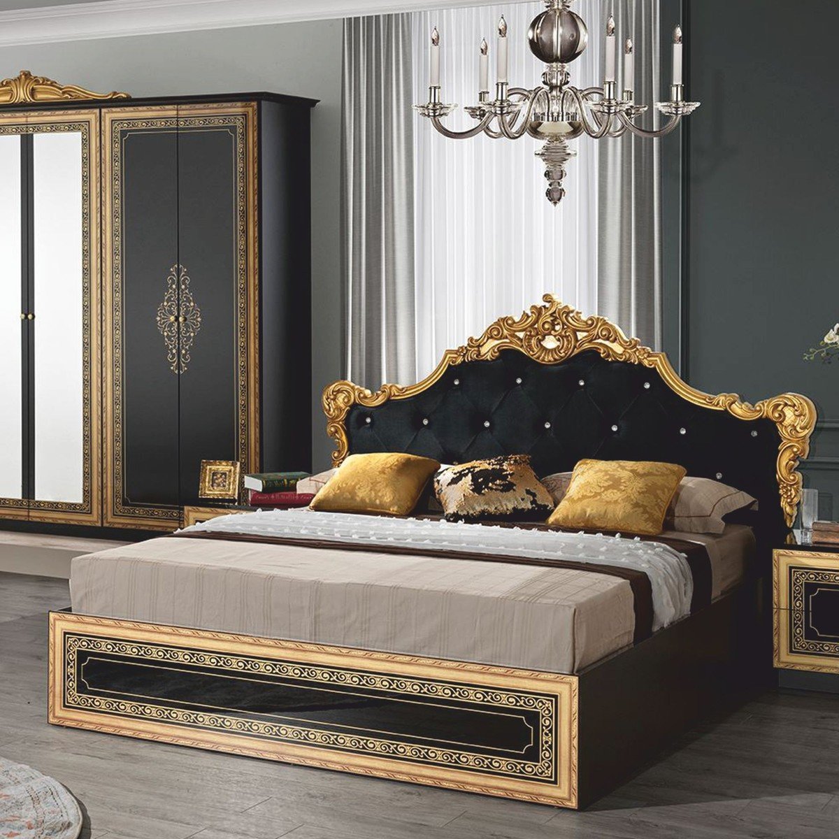 Cama doble barroca de lujo Casa Padrino con pedrería negra / dorada-Muebles de dormitorio de estilo barroco - Imagen 4