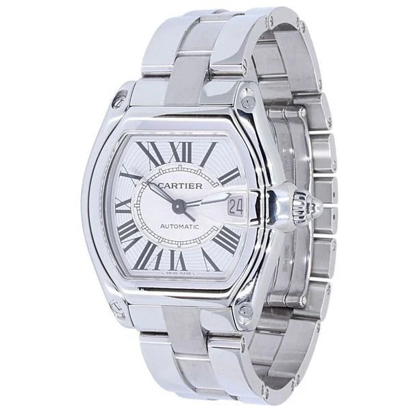 Reloj CARTIER "Roadster" en acero, plata, rubí y zafiro