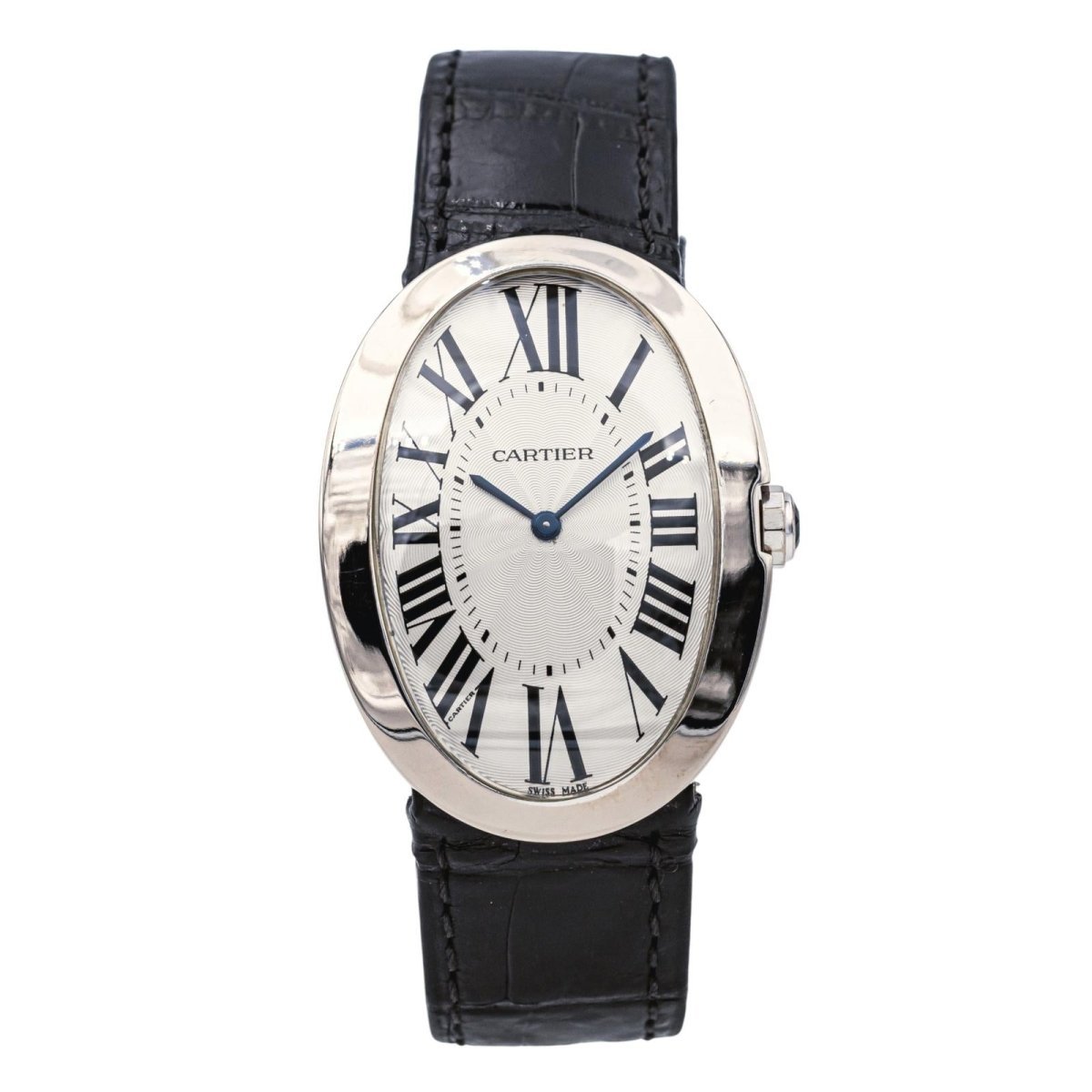 Reloj CARTIER "Baignoire" de oro blanco, zafiro y piel