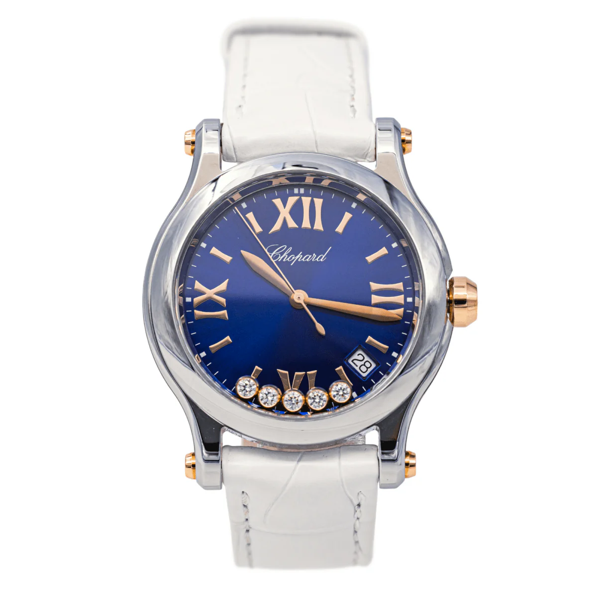 Reloj CHOPARD "Happy Sport" de oro rosa, acero, zafiro, cuero y diamantes