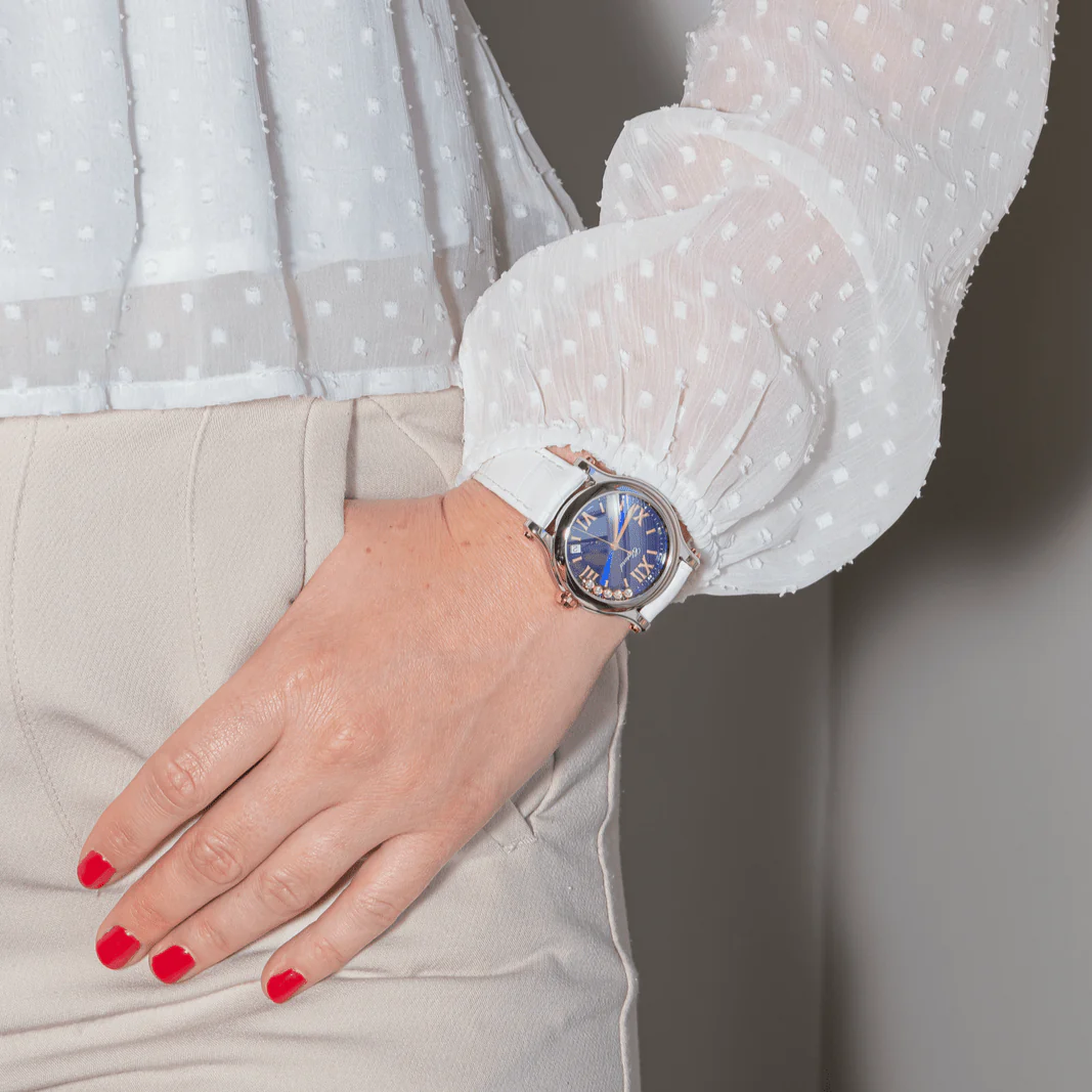 Reloj CHOPARD "Happy Sport" de oro rosa, acero, zafiro, cuero y diamantes - Imagen 2