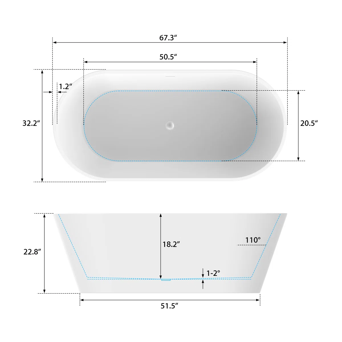 Bañera Exenta Ovalada de Acrílico 170 cm - Imagen 3